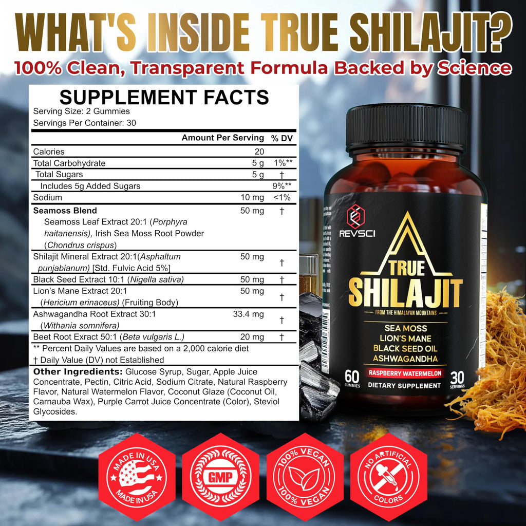 Himalayan shilajit and sea moss wellness supplement bottle back view