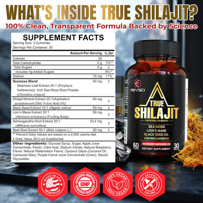 Himalayan shilajit and sea moss wellness supplement bottle back view