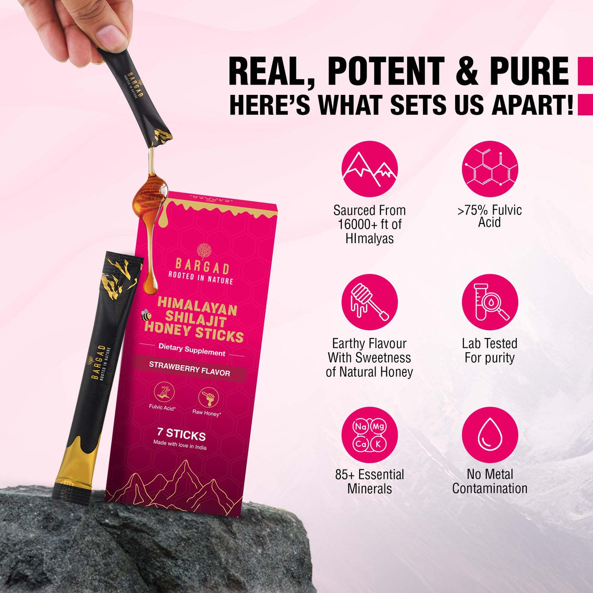 Bargad Shilajit Honey Sticks for women nutritional facts and fulvic acid percentages label.