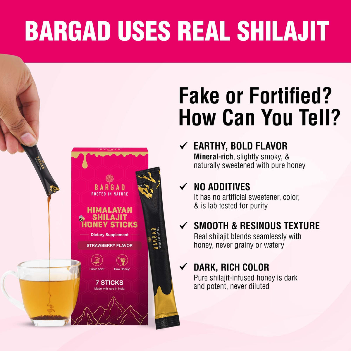 Close up of Bargad pink packaging highlight raw honey and premium trace mineral content.