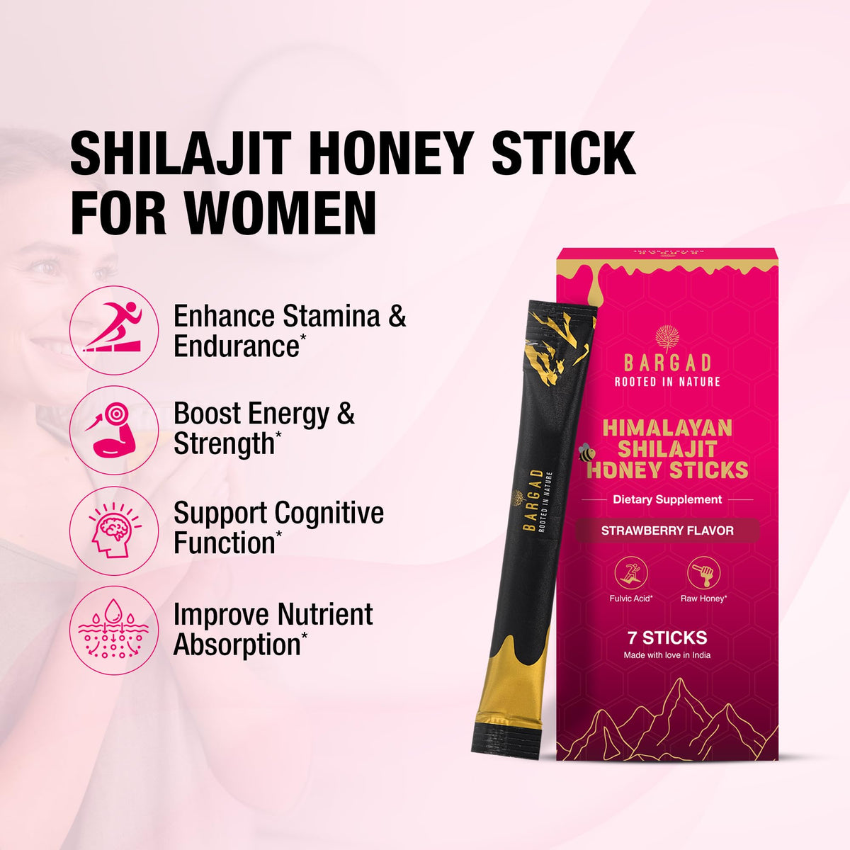 Bargad Ayurvedic formulation honey sticks highlighting clean ingredients and zero artificial stimulants.