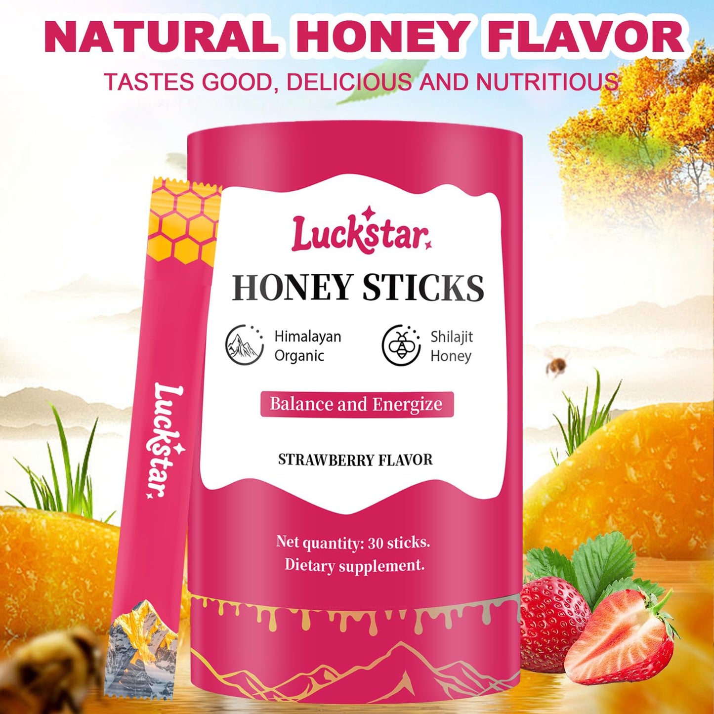 Strawberry flavored organic honey packs infused with pure shilajit resin