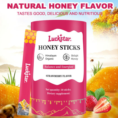 Strawberry flavored organic honey packs infused with pure shilajit resin