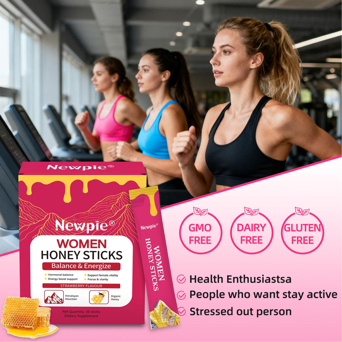 Close-up of pink and yellow travel-friendly packaging for female vitality