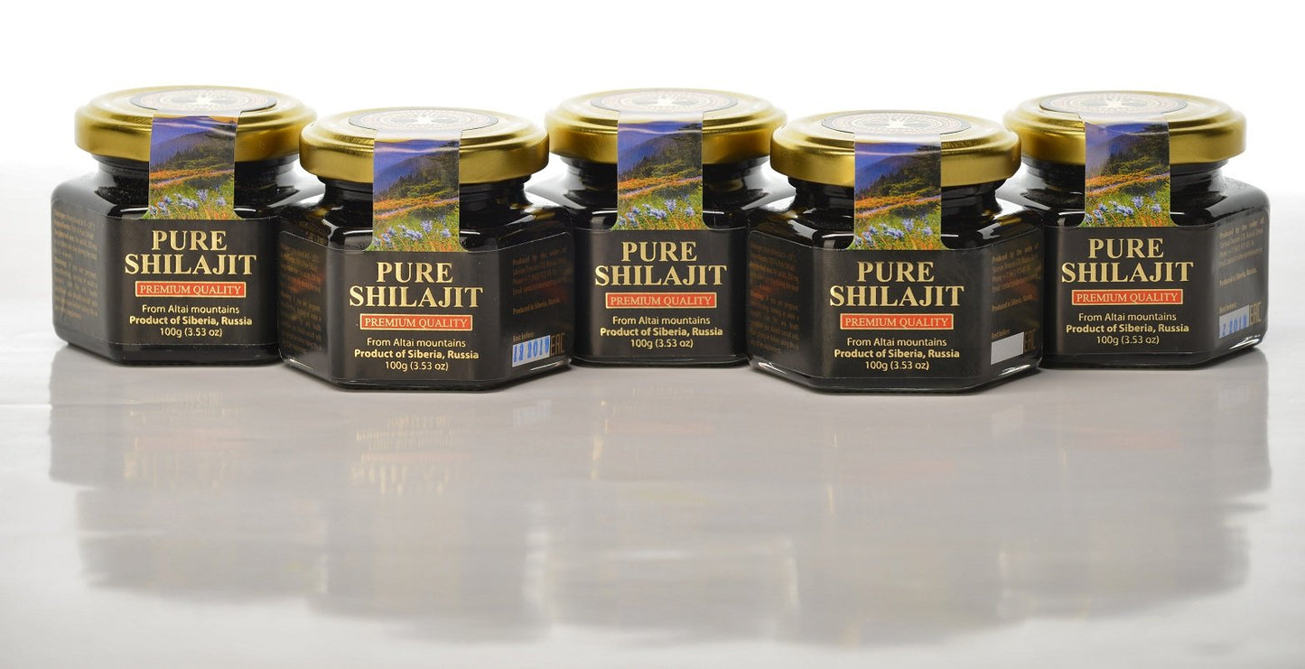 Siberian Treasure Authentic Shilajit 100g product container displaying international label details