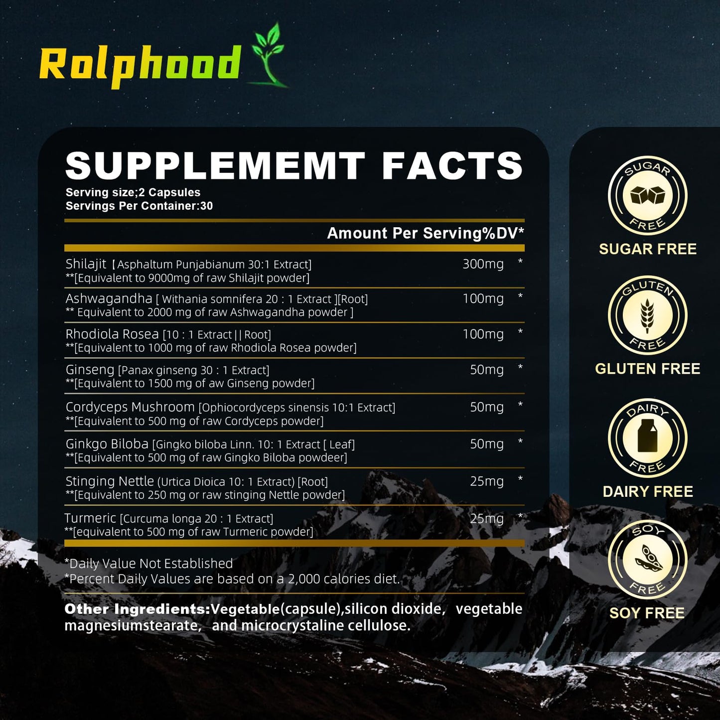 Rolphood Shilajit with Ashwagandha 60 capsules supplement facts panel