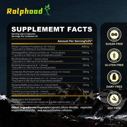 Rolphood Shilajit with Ashwagandha 60 capsules supplement facts panel