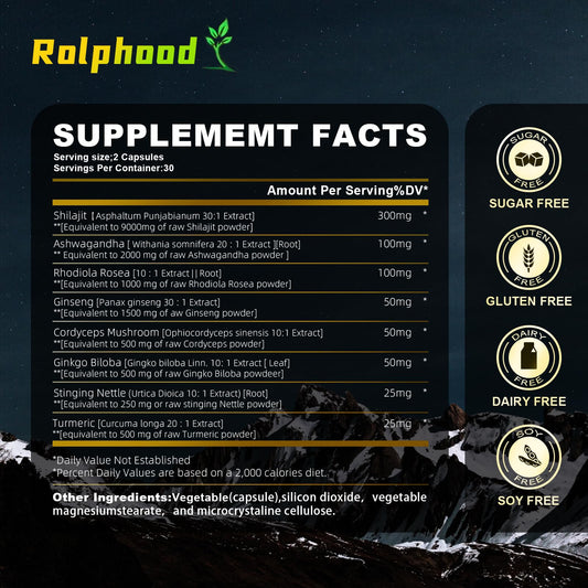 Rolphood Shilajit with Ashwagandha 60 capsules supplement facts panel