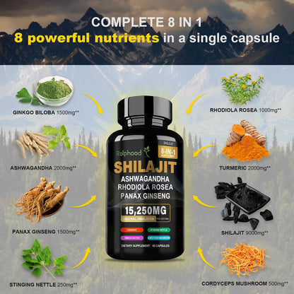 Rolphood 8 in 1 extra strength 15250mg shilajit capsule blend ingredients list