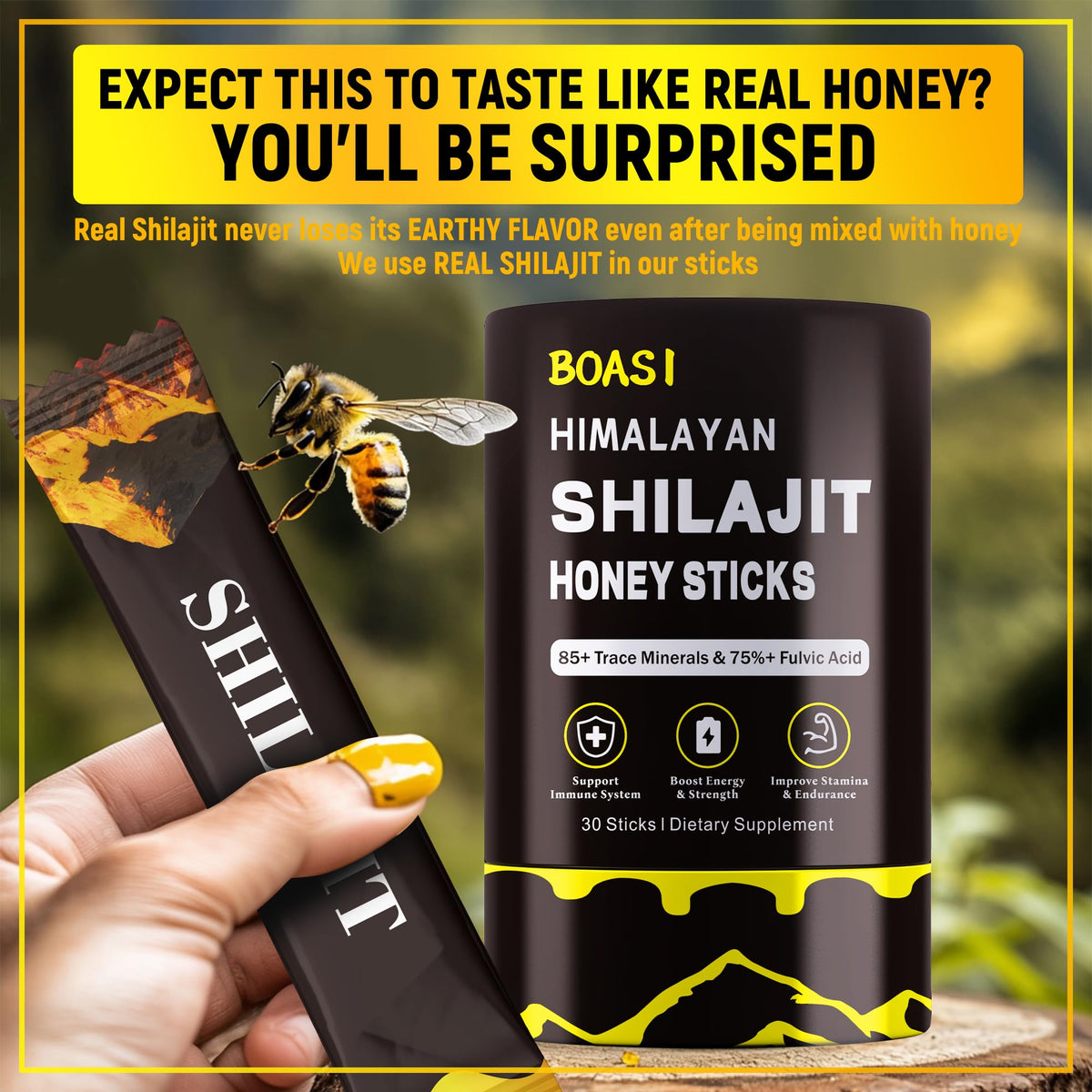 An open stick of Boasi shilajit being squeezed into a warm cup of herbal tea for daily immunity boost.