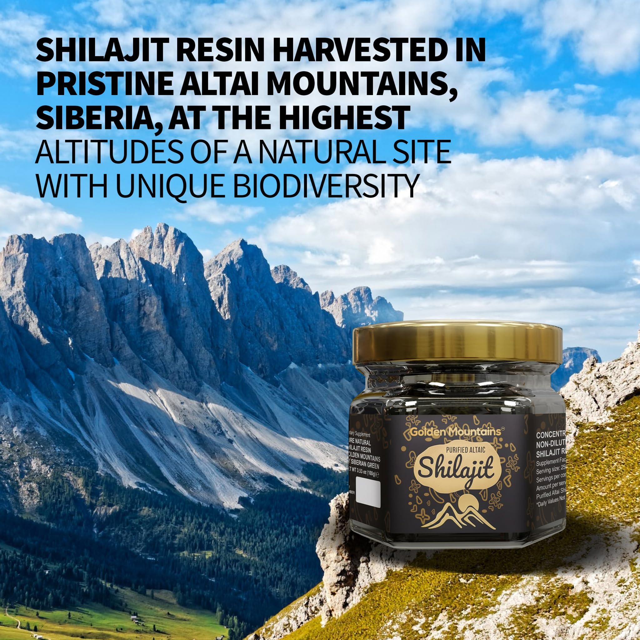Siberian Green authentic Altai shilajit glass jar with gold lid and measuring spoon