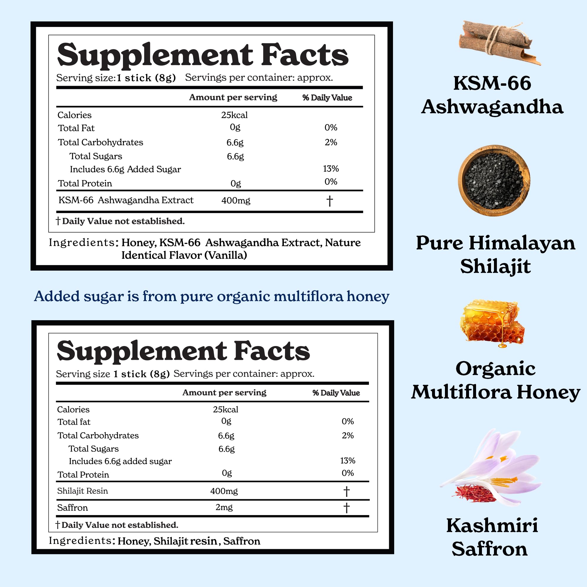 Better Alt KSM 66 Ashwagandha Honey Sticks vanilla flavor pack layout highlighting daily stress relief benefits.