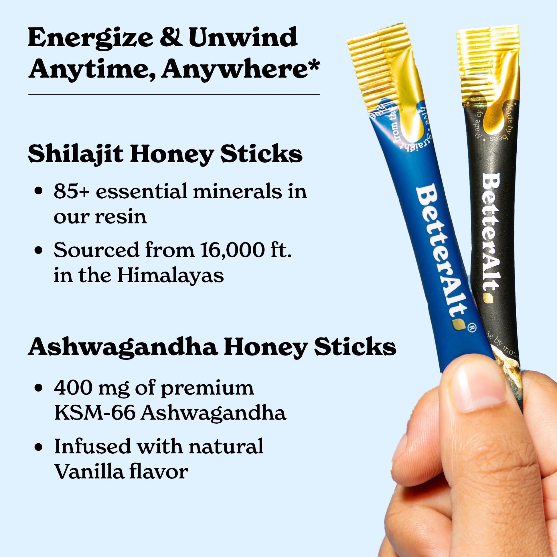 Better Alt Pure Himalayan Shilajit Honey Sticks showing the organic multiflora honey formula for natural energy.