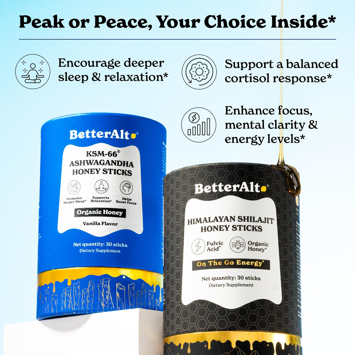 Close up of the pre portioned single serve herbal supplement sticks displaying clean ingredients list.