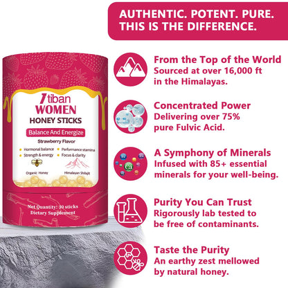 Himalayan shilajit supplement with strawberry flavor ingredients panel display