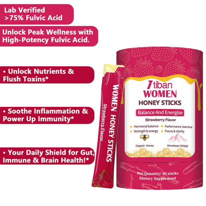 Thirty pack box of premium fulvic acid honey sachets side layout
