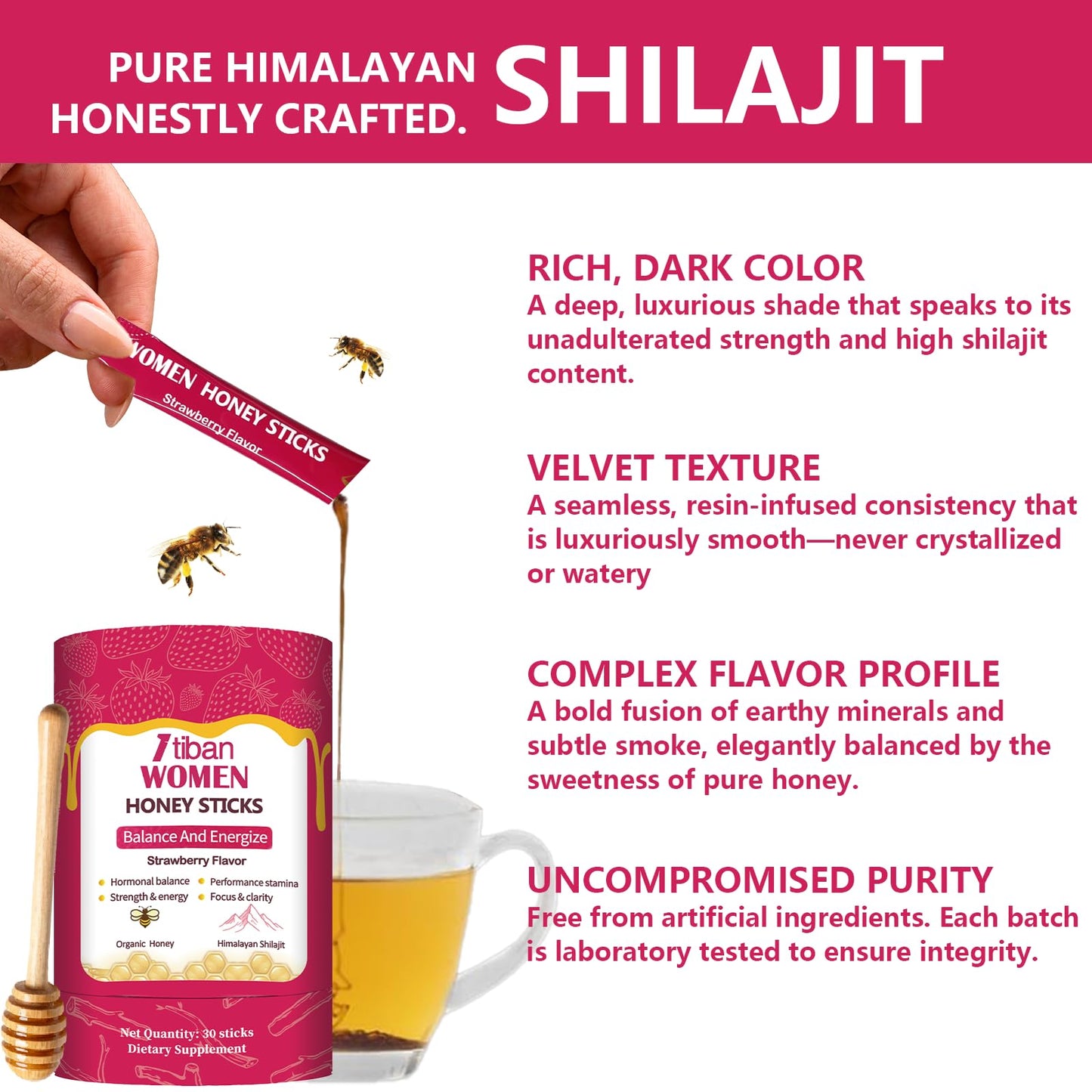 Strawberry infused shilajit honey stick being poured into a warm beverage