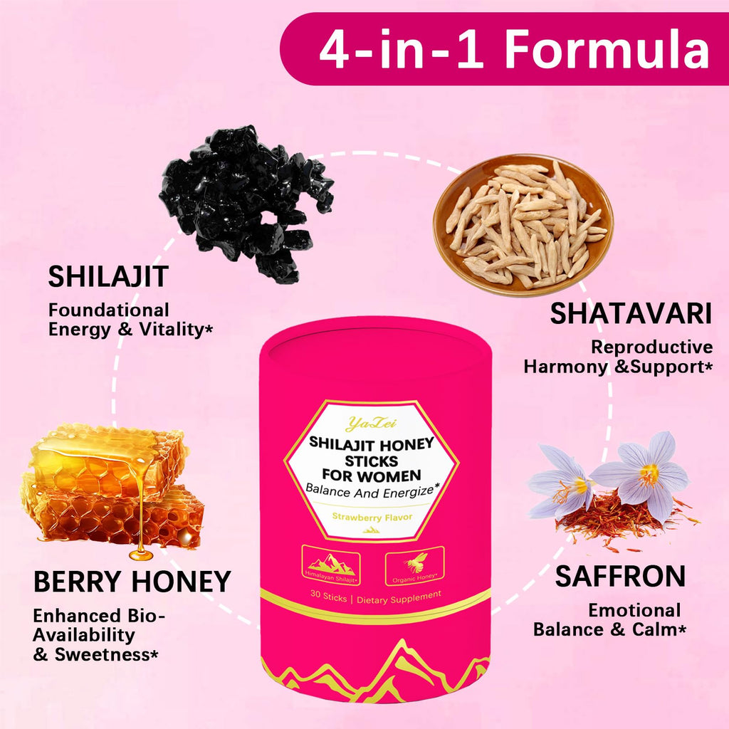 Side view of Yalei strawberry flavored shilajit honey sticks showing nutritional facts and ingredients list
