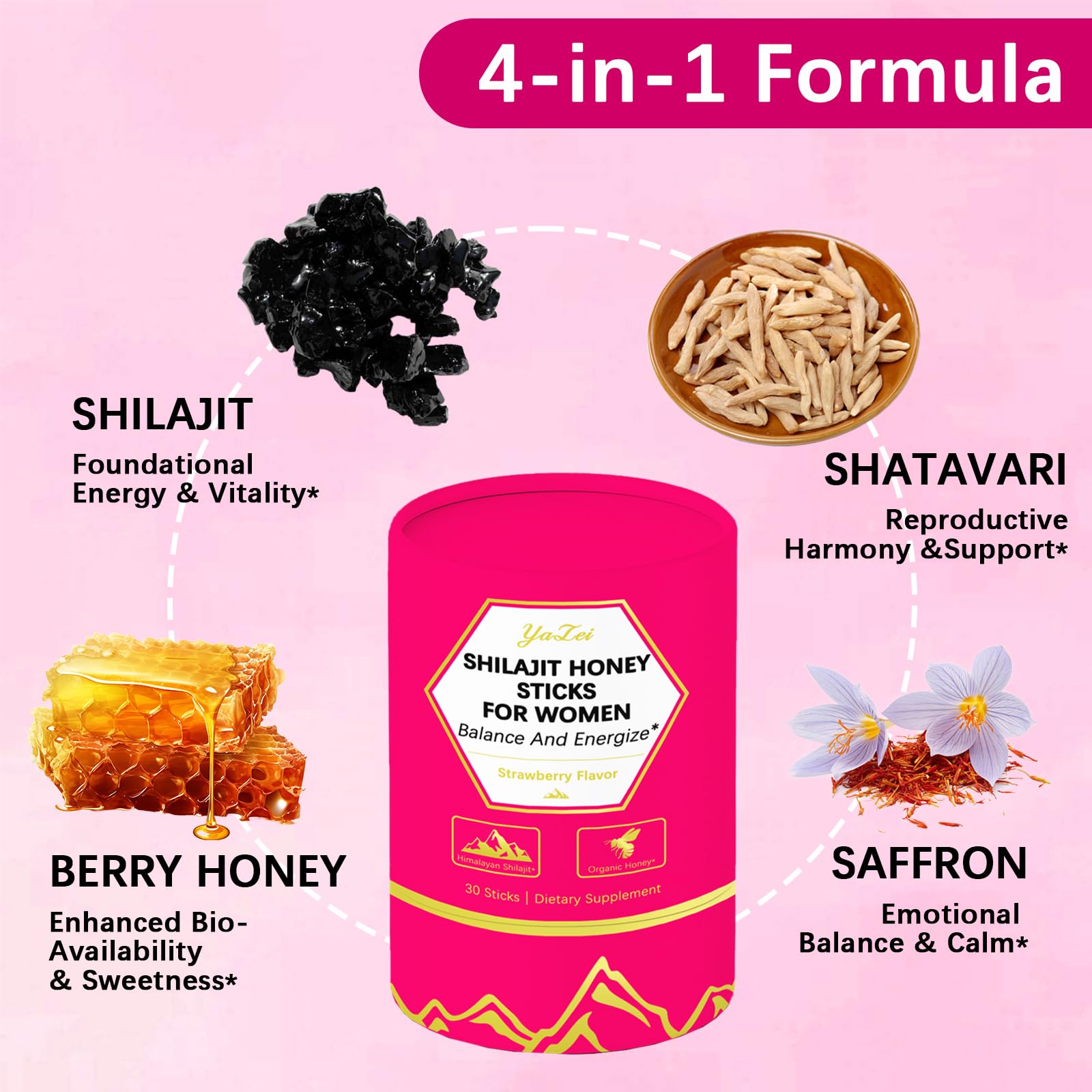 Side view of Yalei strawberry flavored shilajit honey sticks showing nutritional facts and ingredients list