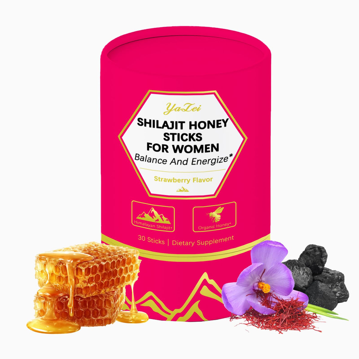 A lifestyle shot of the Yalei women hormonal balance supplement package alongside fresh strawberries and saffron strands
