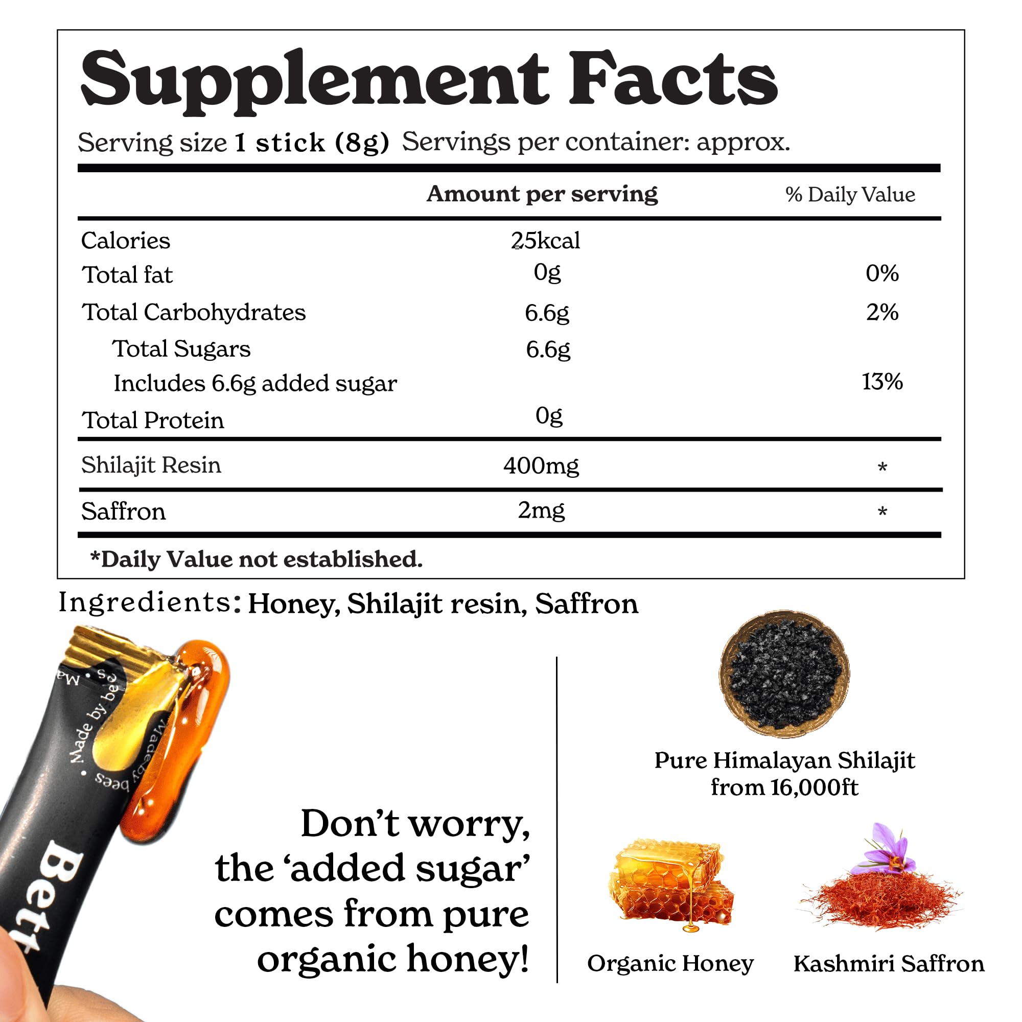 Better Alt Shilajit energy sticks with organic honey single serving sachet close up view.