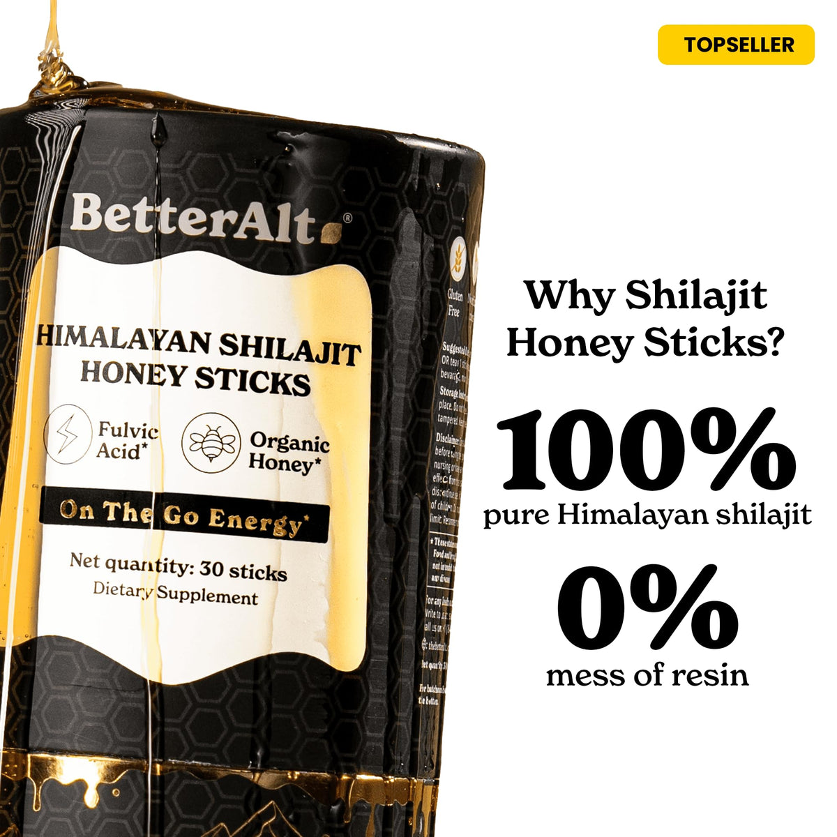 Better Alt high potency Shilajit resin honey sticks being poured into a warm beverage.