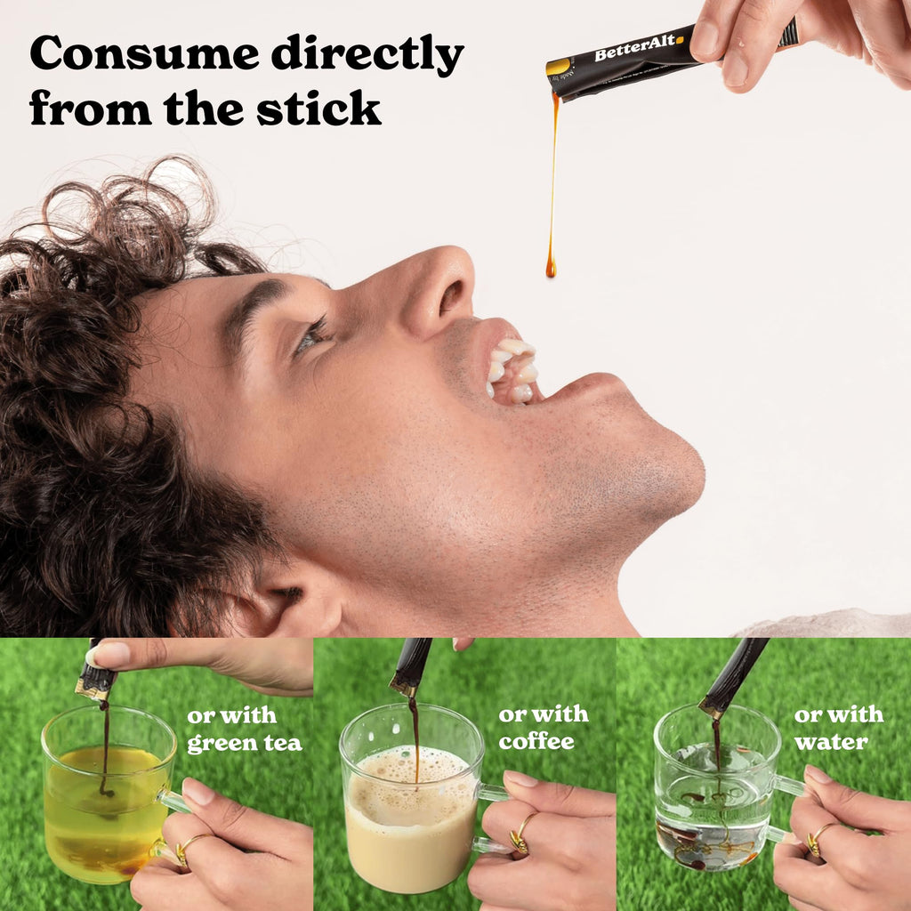 Better Alt Ayurvedic Shilajit and organic honey individual energy sticks spread on a flat surface.