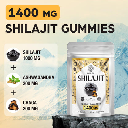 Individually wrapped heart shaped organic shilajit gummies rich in eighty five trace minerals.