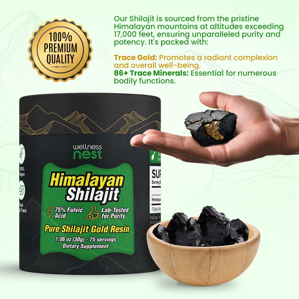 Wellness Nest shilajit dietary supplement jar alongside its protective external packaging box