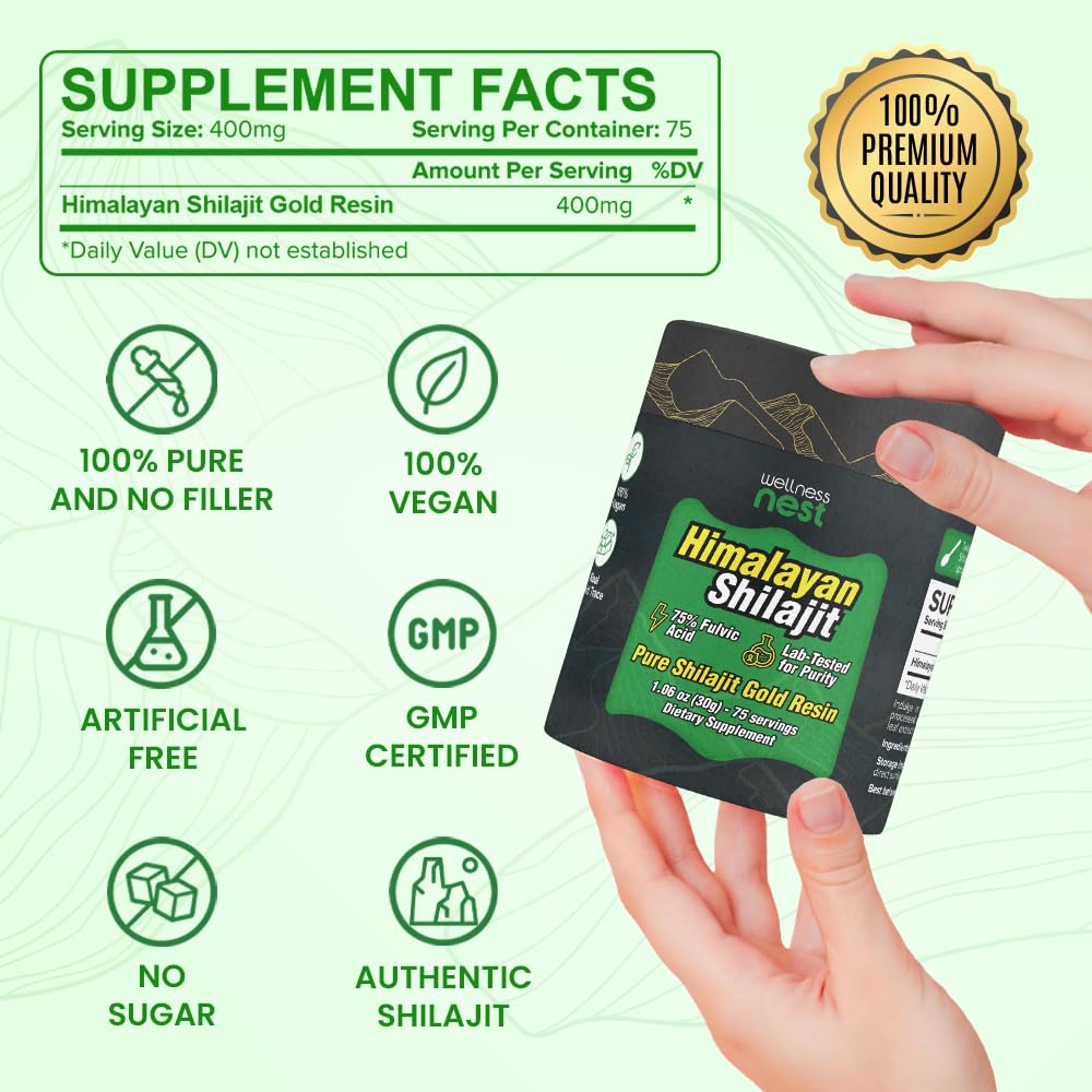 Back label of Wellness Nest pure shilajit resin detailing 75 percent fulvic acid concentration