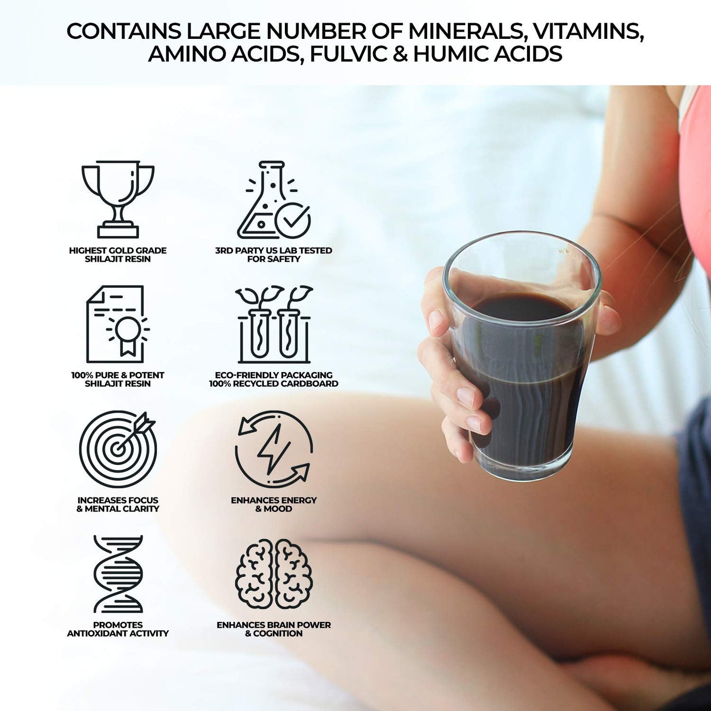 Natural Shilajit Altai Mountains premium mineral supplement jar next to its authentic USA packaging box