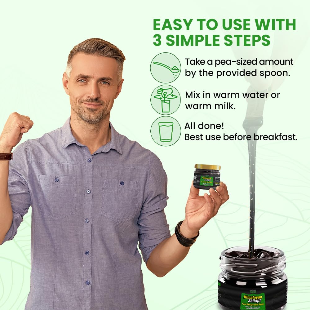 Full wellness supplement setup displaying the 30g jar of Wellness Nest Himalayan shilajit