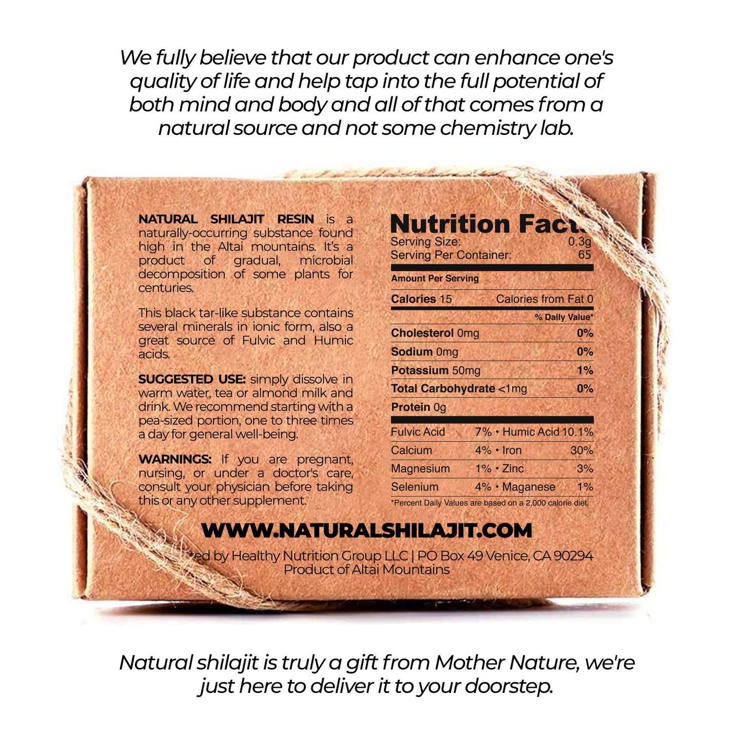 Natural Shilajit lab tested bioactive complex jar displaying nutritional facts and DBP verification seal