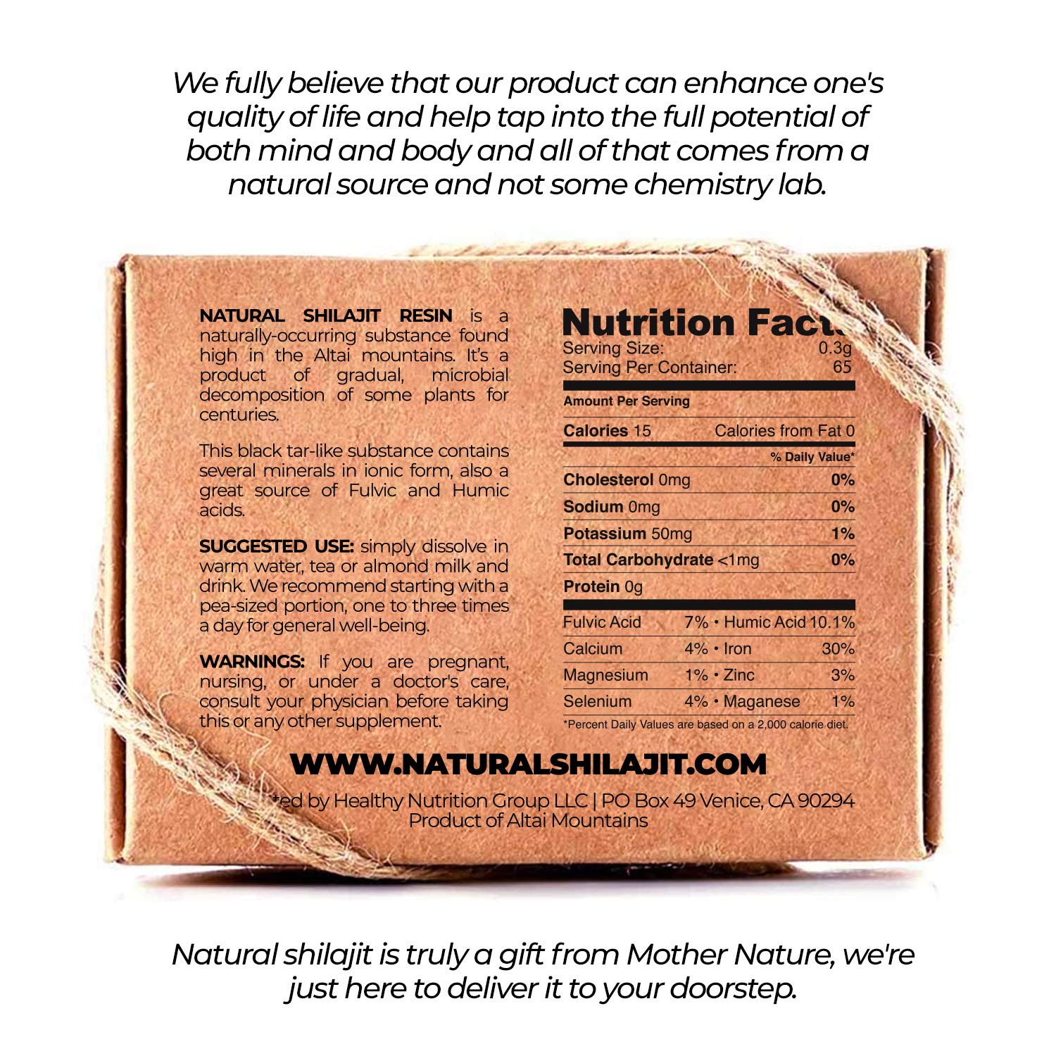 Natural Shilajit lab tested bioactive complex jar displaying nutritional facts and DBP verification seal