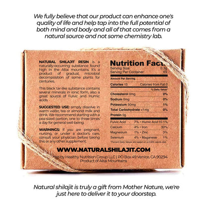 Natural Shilajit lab tested bioactive complex jar displaying nutritional facts and DBP verification seal