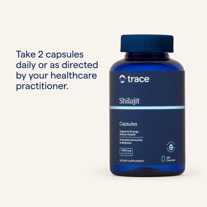 Premium imported shilajit capsules showing daily serving directions