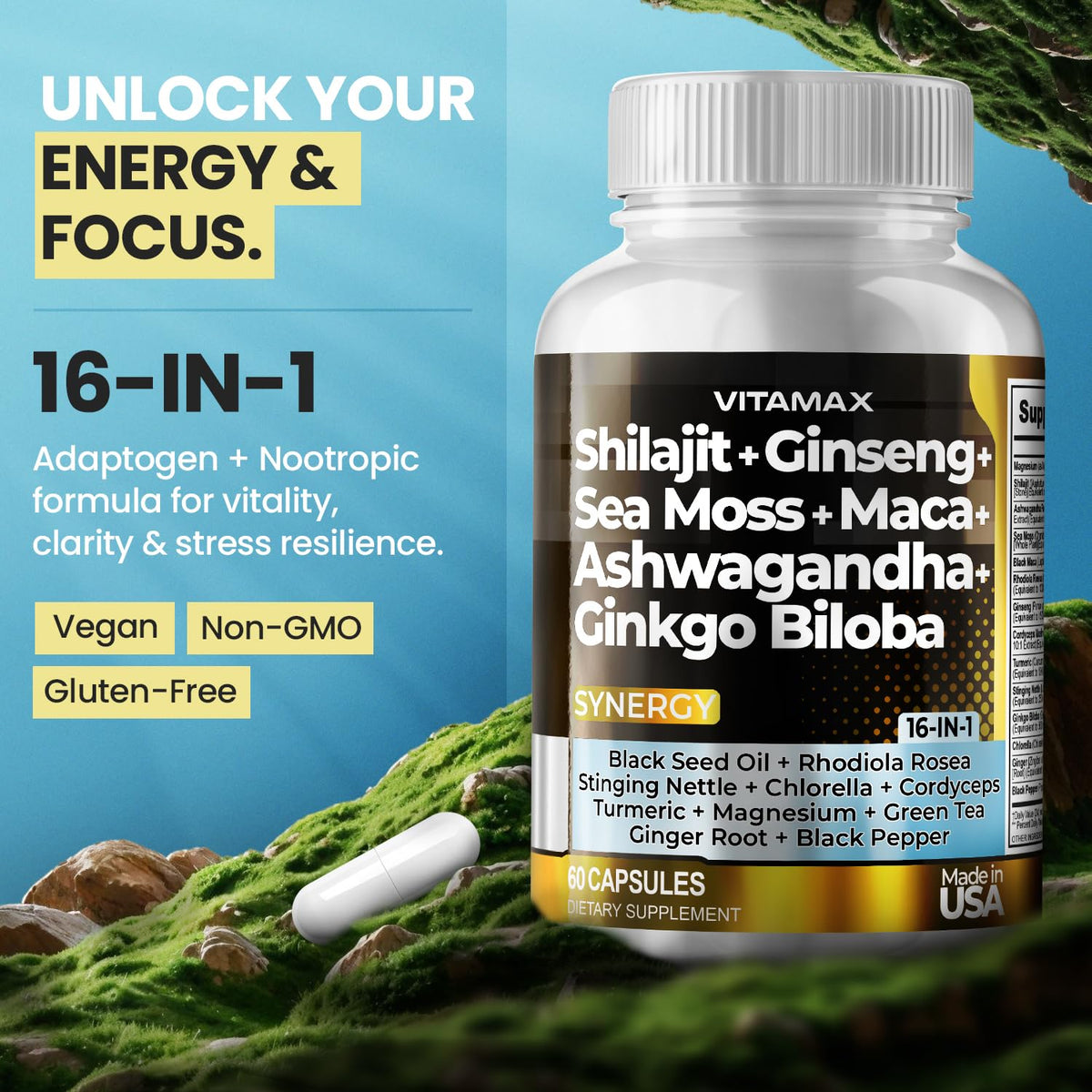 Vitamax premium imported dietary capsules showcasing USA manufactured origin details.