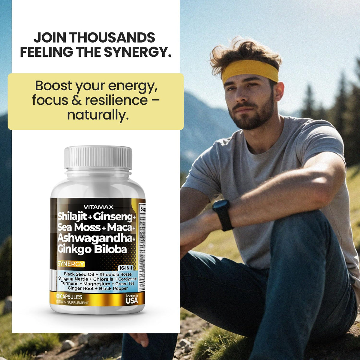 Authentic Vitamax shilajit capsules displaying organic mineral blend and fulvic acid benefits.
