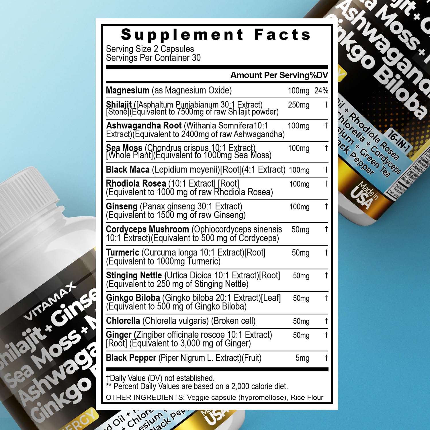 Side panel view of Vitamax shilajit complex highlighting the sixty count capsule quantity.