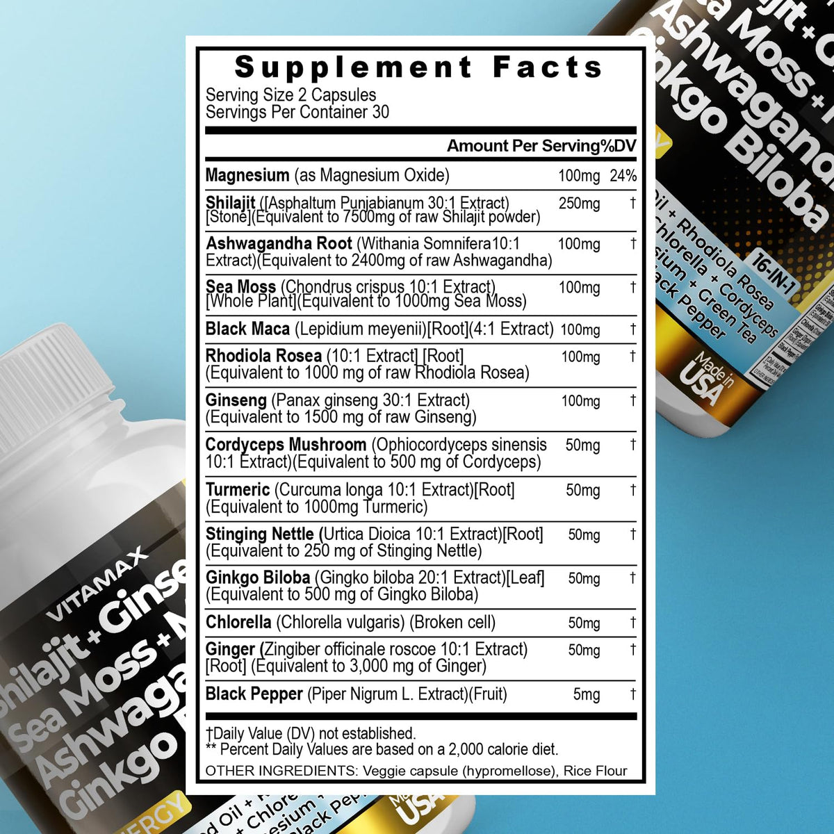 Side panel view of Vitamax shilajit complex highlighting the sixty count capsule quantity.