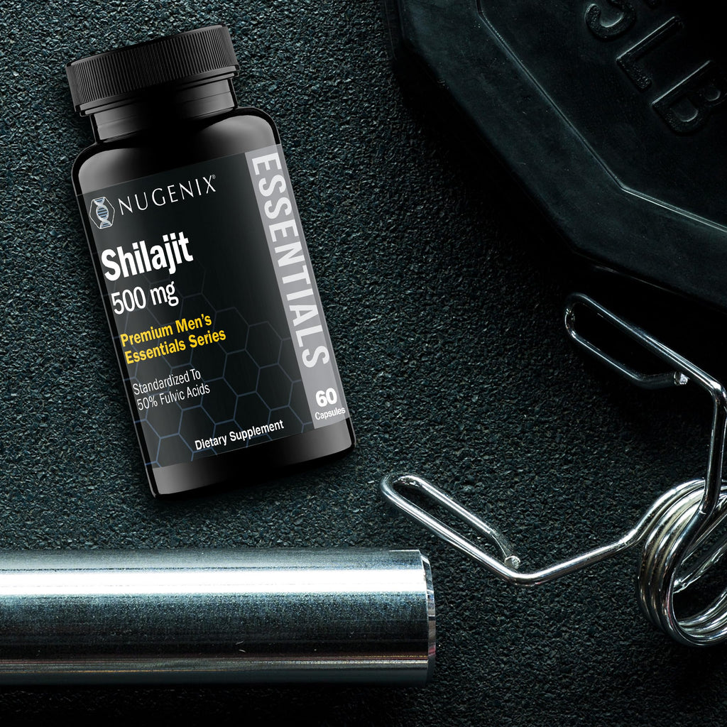 Nugenix Essentials Shilajit dietary supplement packaging showing supplement facts and clean ingredients