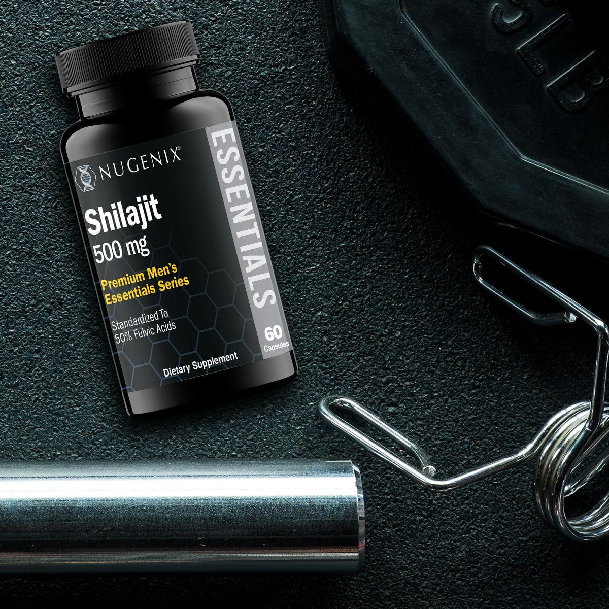 Nugenix Essentials Shilajit dietary supplement packaging showing supplement facts and clean ingredients