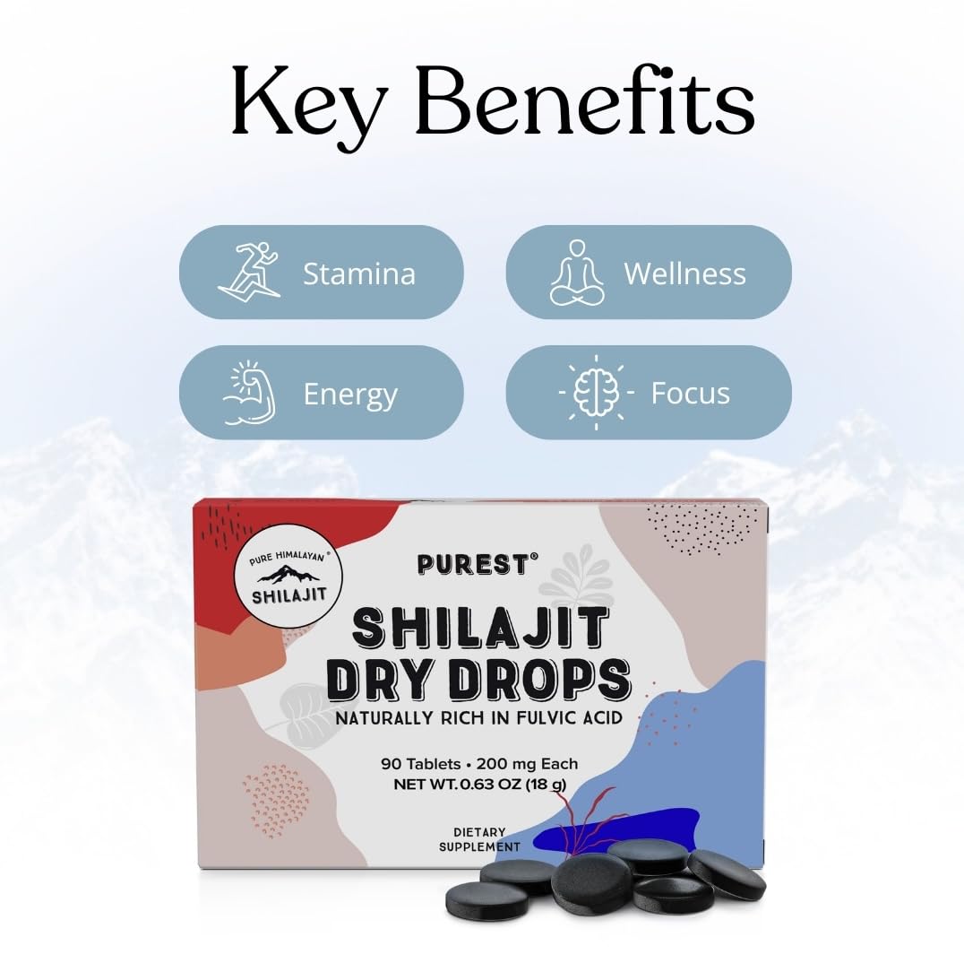 Side label of Pure Himalayan Shilajit tablets displaying two hundred milligram dosage and nutritional facts.