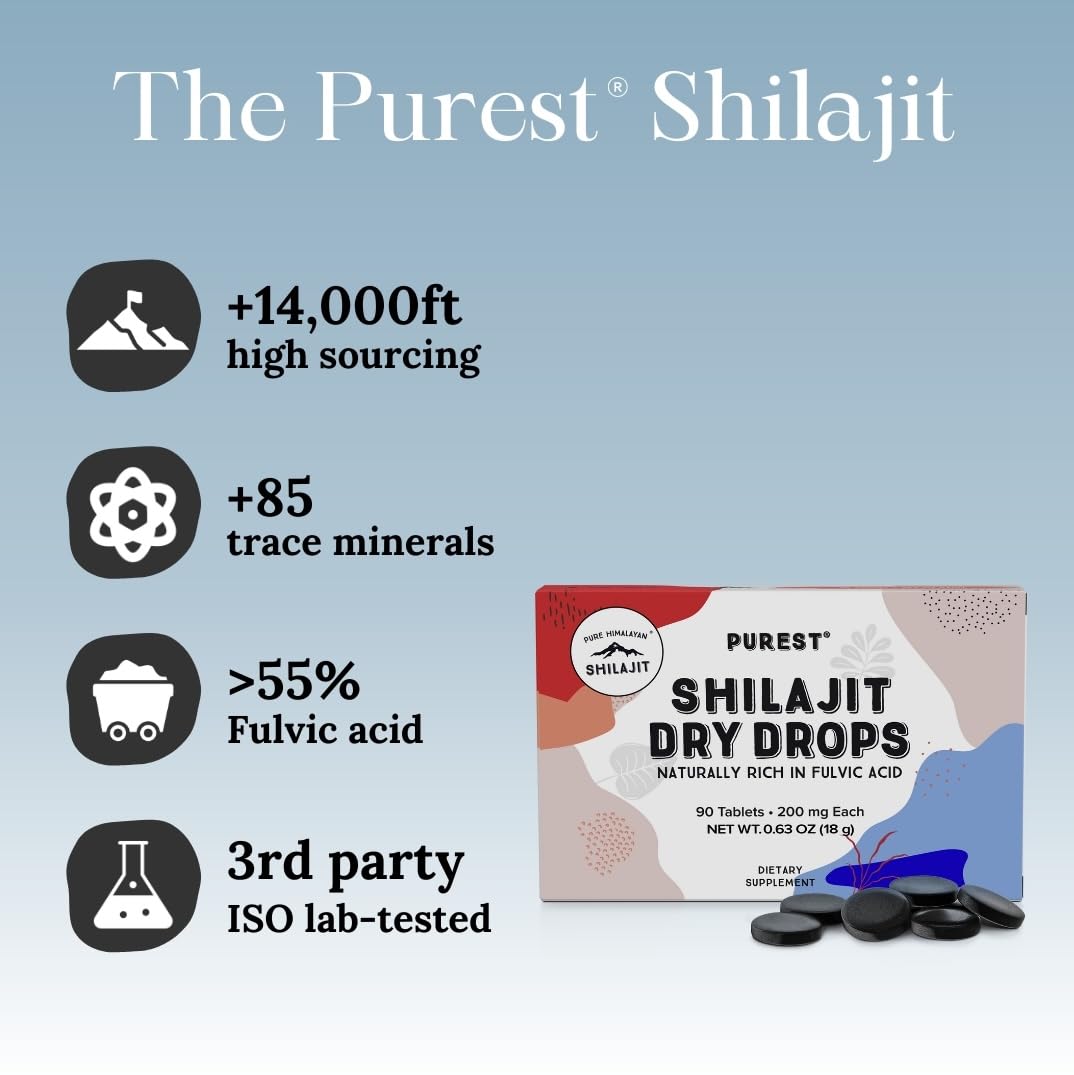 Pure Himalayan Shilajit packaging highlighting eighty-five trace minerals and fulvic acid composition.