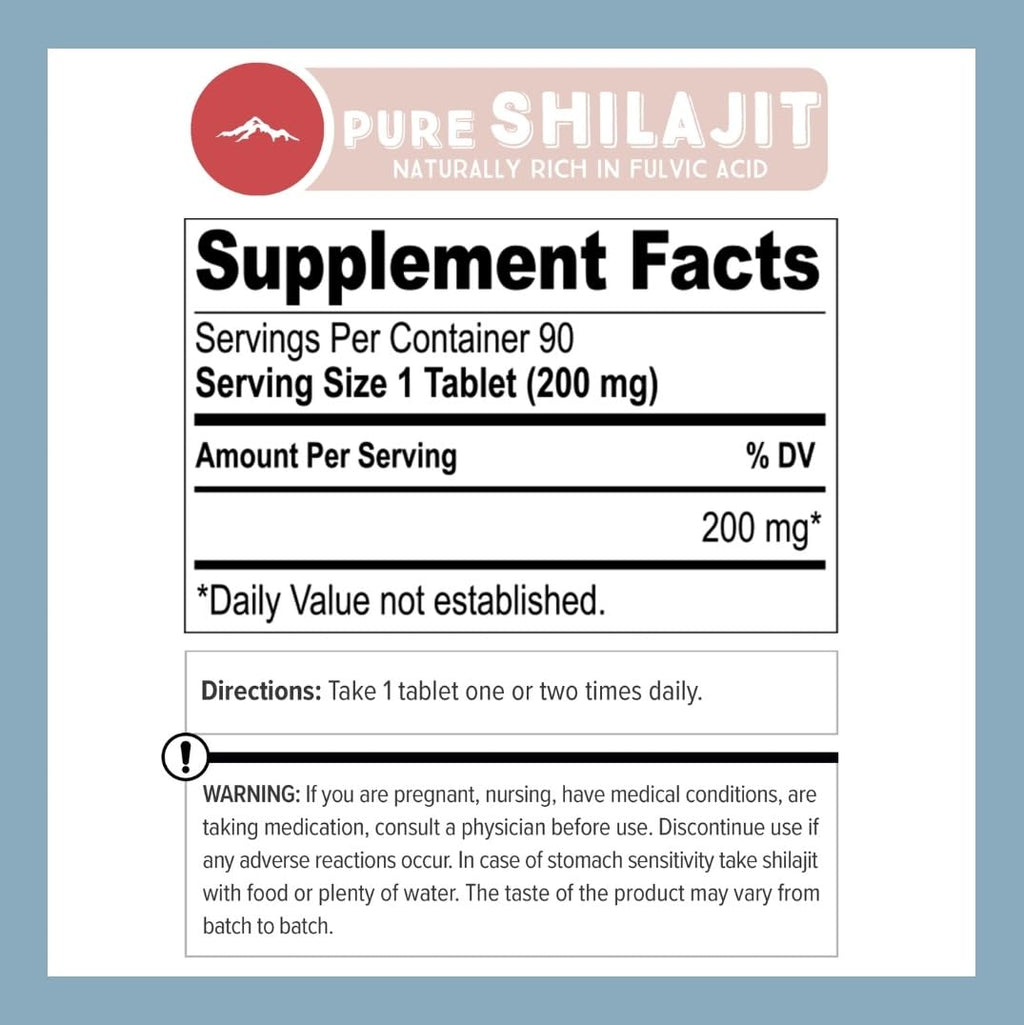 Close up of the vegan and gluten free labels on the authentic USA imported shilajit container.
