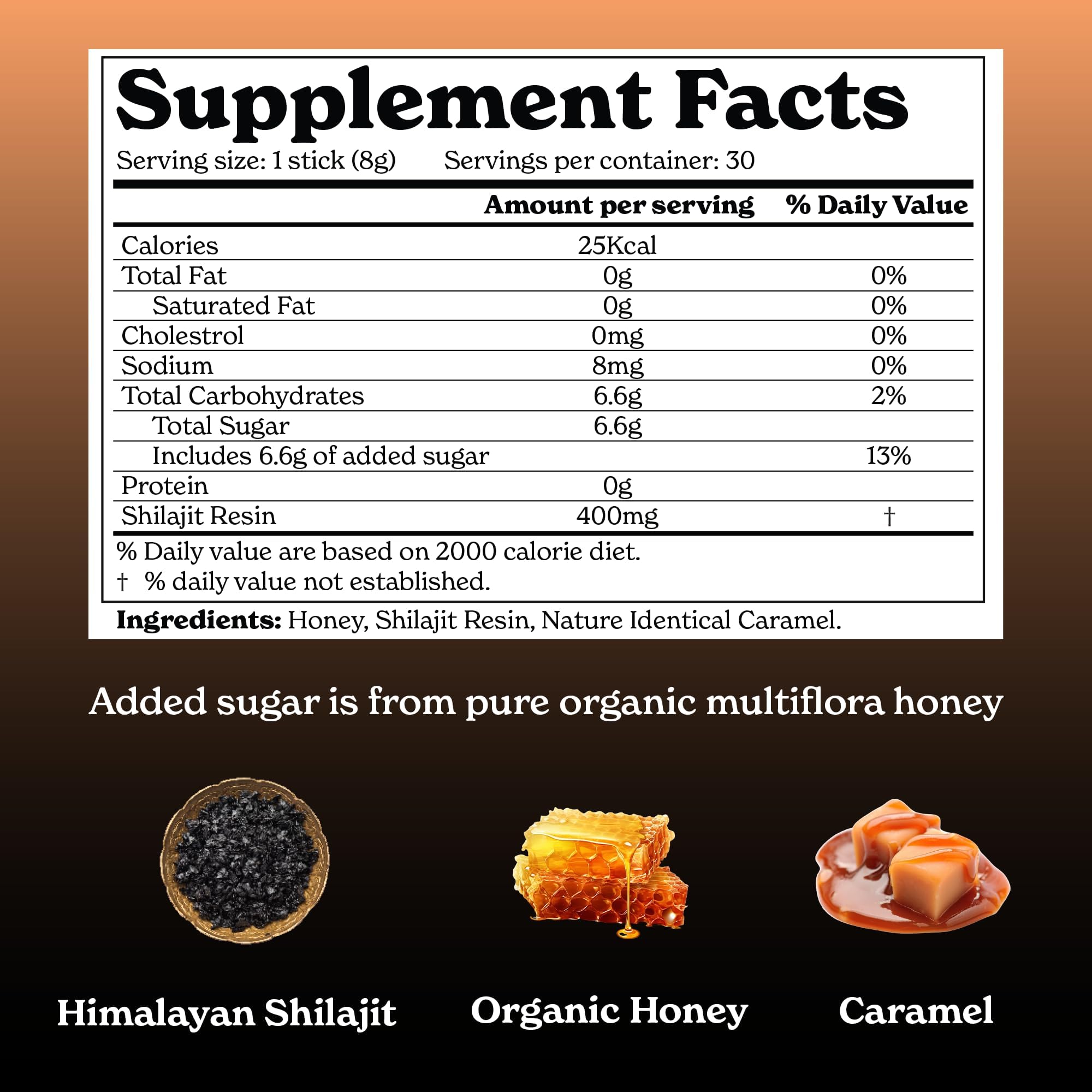 Organic Dreaming Better Alt pure shilajit resin honey sticks with caramel flavor single sachet visual.