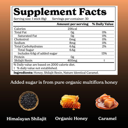 Organic Dreaming Better Alt pure shilajit resin honey sticks with caramel flavor single sachet visual.