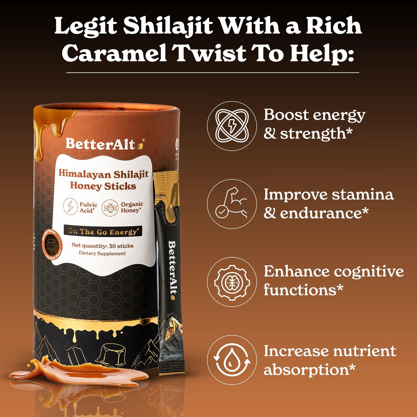 Better Alt Himalayan Shilajit Honey Sticks pack of 30 units nutritional facts and ingredient details.