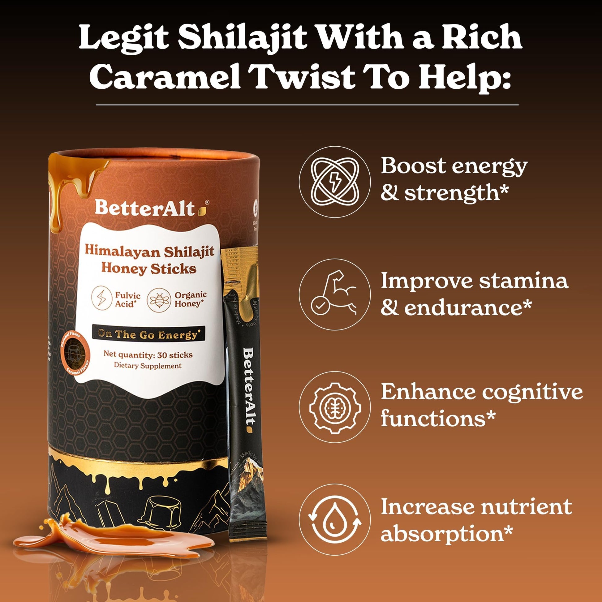 Better Alt Himalayan Shilajit Honey Sticks pack of 30 units nutritional facts and ingredient details.