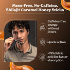 Premium Himalayan shilajit caramel honey packaging showing 85 trace minerals and fulvic acid benefits.
